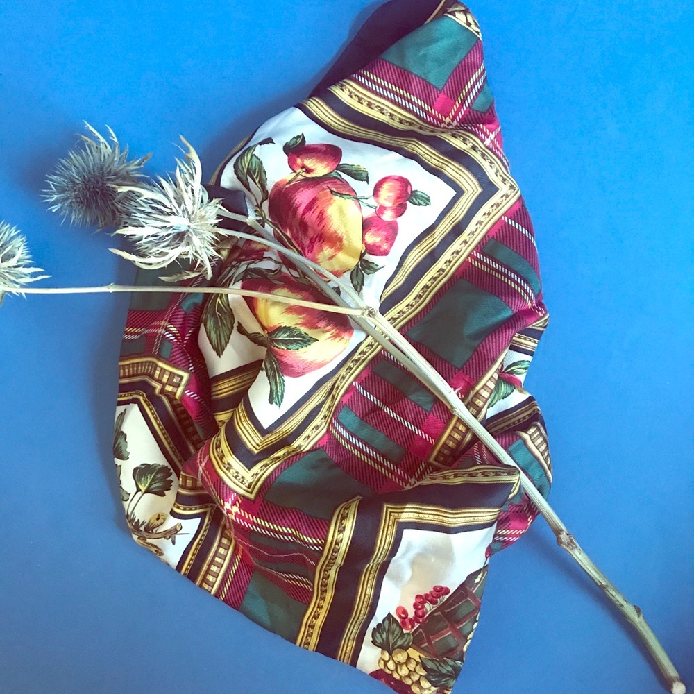Vintage 90s Silk Burgundy Gold Fruit Scarf